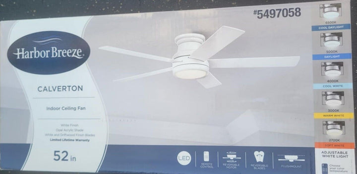 Harbor Breeze Calverton 52 Inch White Ceiling Fan  LED Light Kit NEW