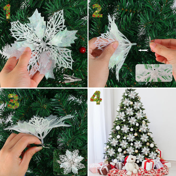 14 PCS Poinsettia Flower, 6.3" Artificial Poinsettia Christmas Decorations Glitter Poinsettias Christmas Ornaments Christmas Tree Flower Decor with Clips DIY Xmas Wreath Holiday Weed Home Party Decor