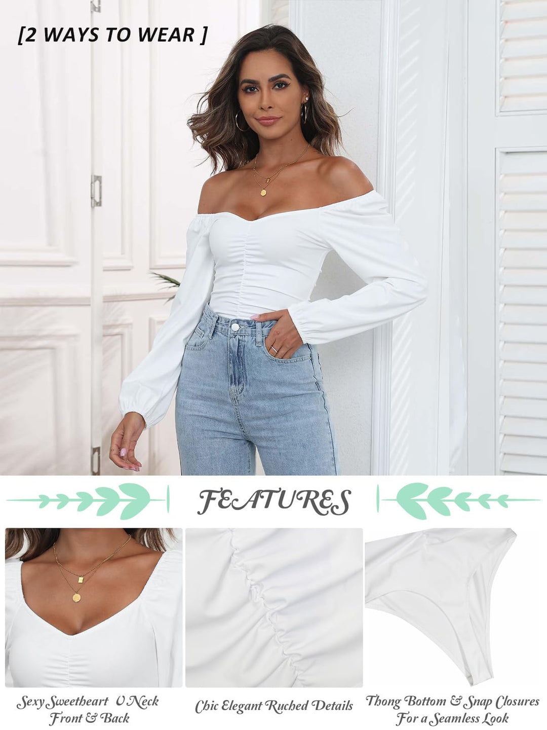 DEOLINA Womens Sexy Sweetheart Neck Bodysuit Tops Cute Long Sleeve Ruched Bodysuits Stretch Leotard (White,L)