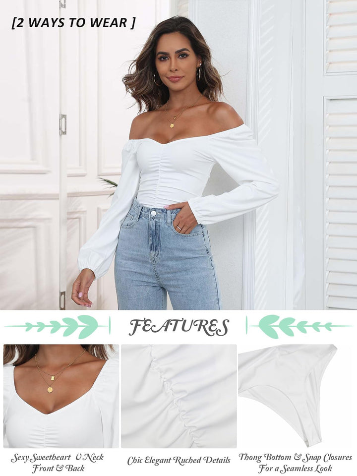 DEOLINA Womens Sexy Sweetheart Neck Bodysuit Tops Cute Long Sleeve Ruched Bodysuits Stretch Leotard (White,L)