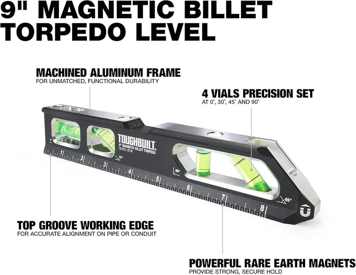 ToughBuilt â€“ 9" Magnetic Billet Torpedo Level, Precision Machined Aluminum Level with Rare Earth Magnets, V-Groove Base, Laser-Etched Markings, and Shockproof End Caps for Professional Accuracy