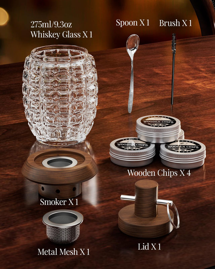 Cocktail Smoker Kit, with Unique Grenade Shaped Glass, Old Fashioned Bourbon Whiskey Smoker Kit with 4 Flavored Wood Chips, Personalized Birthday Gift for Man, Him, Dad