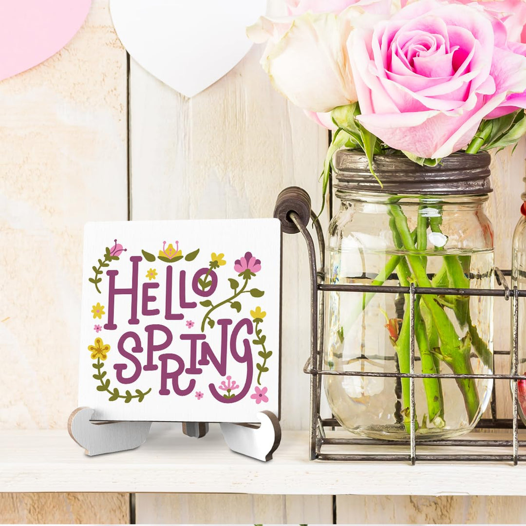 Rustic Home Office Desk Decor for Women Spring Wood Plaque Sign With Stand Farmhouse Bathroom Shelf Cubicle Bookshelf Tiered Tray Decor Coworker Gifts for Mom Friend 4 X 4 In