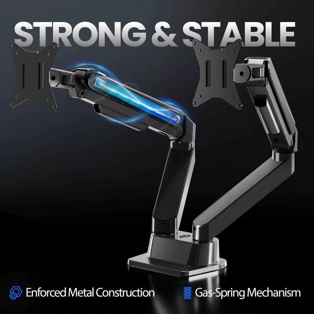 EVEO Premium Dual Monitor Mount 14"-32â€ Dual Monitor Arm VESA Bracket Adjustable Height Gas Spring Dual Monitor Stand, Screen Full Motion Dual Monitor Arm-Computer Monitor Stand for 2 Screens - Black