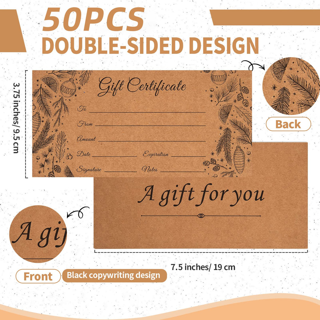 50 Sets Blank Gift Certificates with 50 Envelopes, 3.75 x 7.5 Inches Kraft Gift Certificate Cards, Paper Vouchers for Small Businesses, Holiday, Beauty Bars, Restaurants (Style 1)