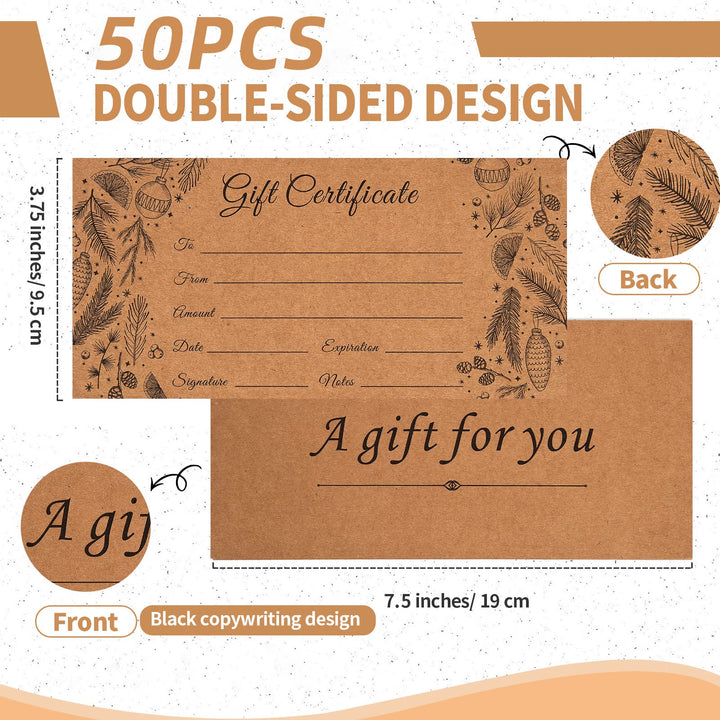 50 Sets Blank Gift Certificates with 50 Envelopes, 3.75 x 7.5 Inches Kraft Gift Certificate Cards, Paper Vouchers for Small Businesses, Holiday, Beauty Bars, Restaurants (Style 1)