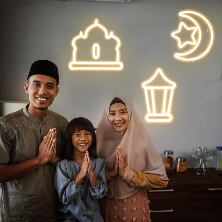 ROCEEI 3 Pcs Ramadan Eid Mubarak Neon Sign, Moon Star Castle Neon Lights Gift Box Neon LED Lights USB Wall Bar Living Room Decor for Ramadan Eid Mubarak Party Holiday Night Bedroom Gifts
