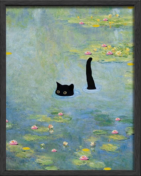 oulawote Funny Black Cat Wall Art Decor Famous Art Water Lily Cat Wall Art Picture Oil Paintings Cute Preppy Aesthetic Wall Art Decor for Bedroom Bathroom Living Room (Size: 11'' x 14''x1pcs)