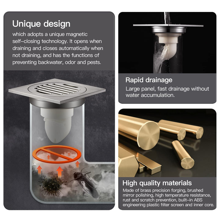 SUBMARINE Square Shower Drain 4 Inch, Built-in Shower Drain Cover, Hair Filter Screen and Floor Drain Backflow Preventer, Quick Drainage, Prevent Odor, Suitable for Bathroom and Kitchen