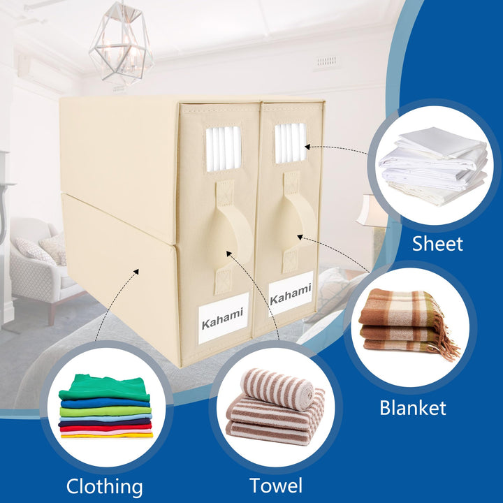 Kahami 4 Pack Bed Sheet Organizers and Storage, Foldable Sheet Organizer for Linen Closet, Bedding Sheet Set Organizer with Window (Queen & King Size), Beige