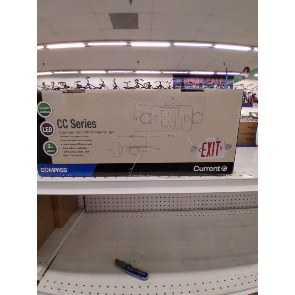 Hubbell Lighting CCRRC Emergency Exit Sign, Remote Compatible Combination Emergency Light and Exit Sign for Stair-Wells, Hallways, Offices, 2 Fully Adjustable LED Heads, White with Red EXIT Letters