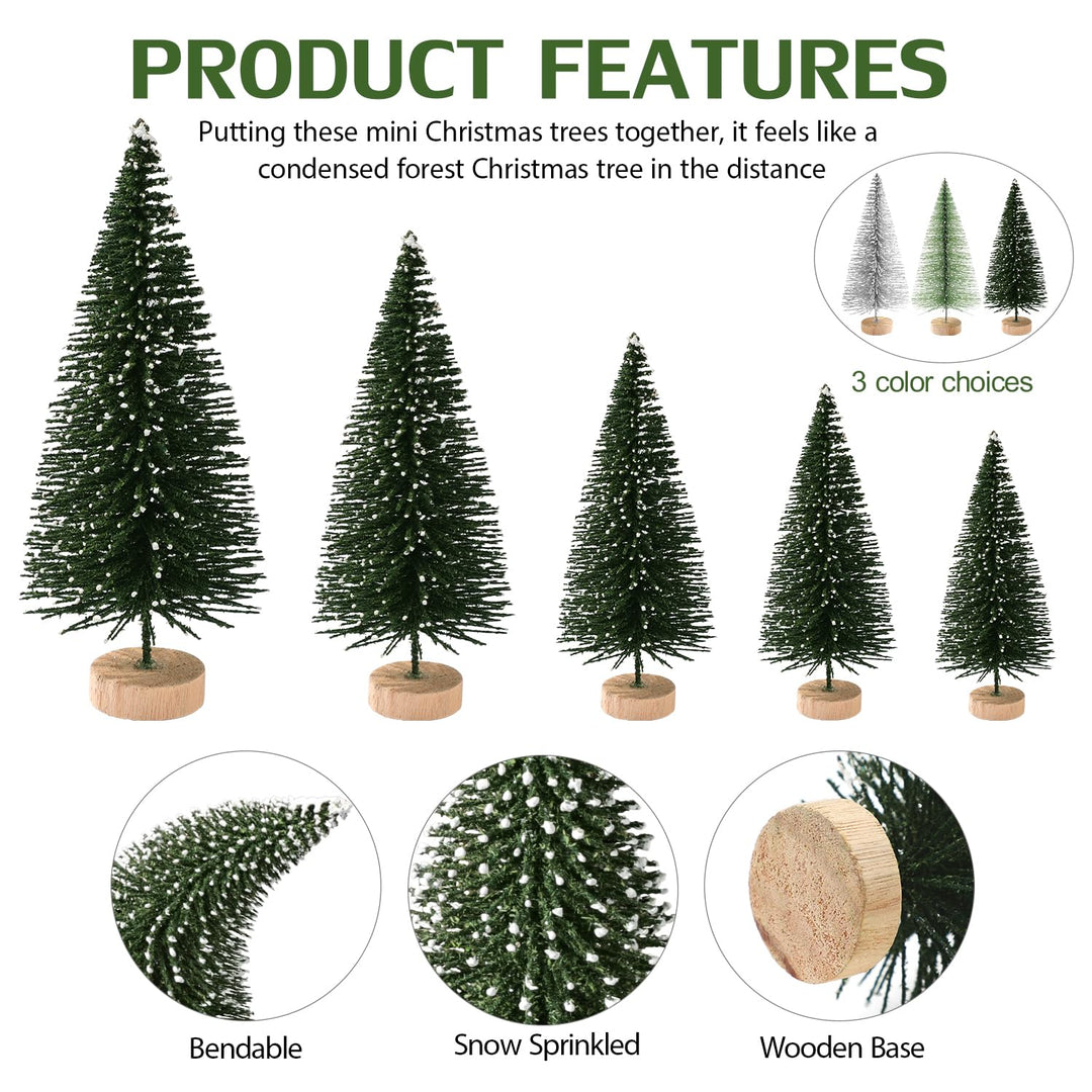 30Pcs Mini Christmas Tree Decor, Artificial Christmas Tree 5 Sizes,Mini Sisal Snow Frost Trees with Wooden Base for Christmas Decor Christmas Party Home Table Craft Decorations (Green/Ivory)