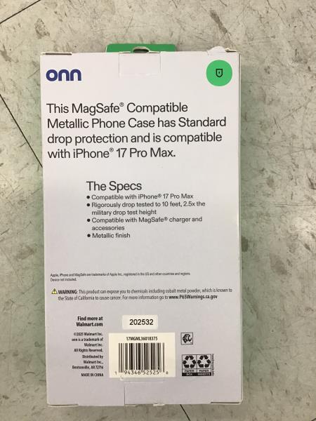 ONN 17 Pro Max, MagSafe Compatible Metallic Phone Case, 10' Drop Protection Retail $25.00