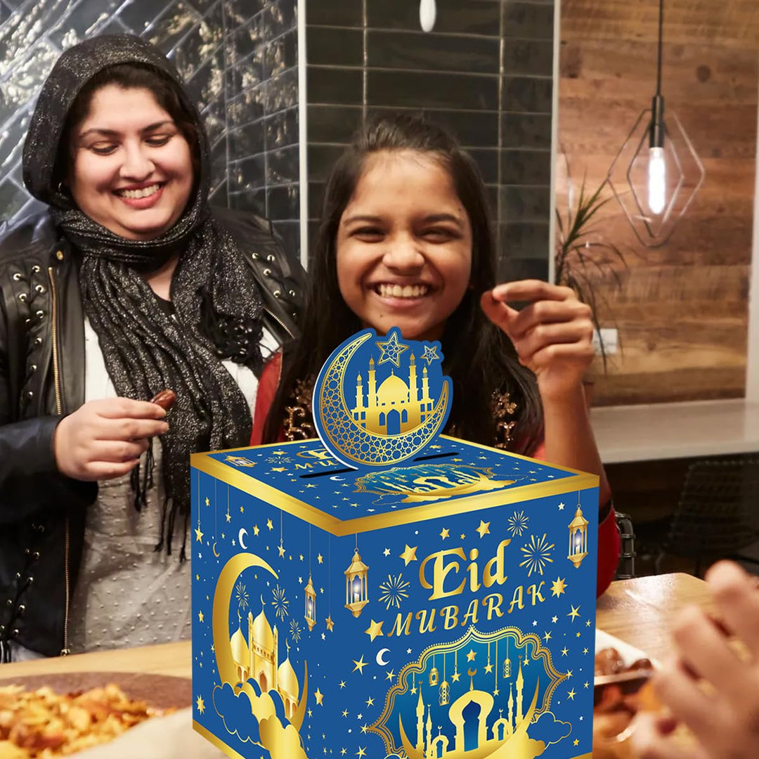 Eid Mubarak Money Box for Cash Gift Pull, Money Gift Boxes for Cash, Money Box for Cash Gift Black & Gold Money Holder for Cash with Pull Out Card DIY Set Surprise Eid Gift Box - Blue Gold