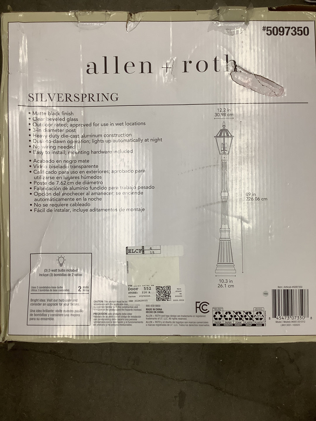 Allen + Roth 89” solar led outdoor light and post