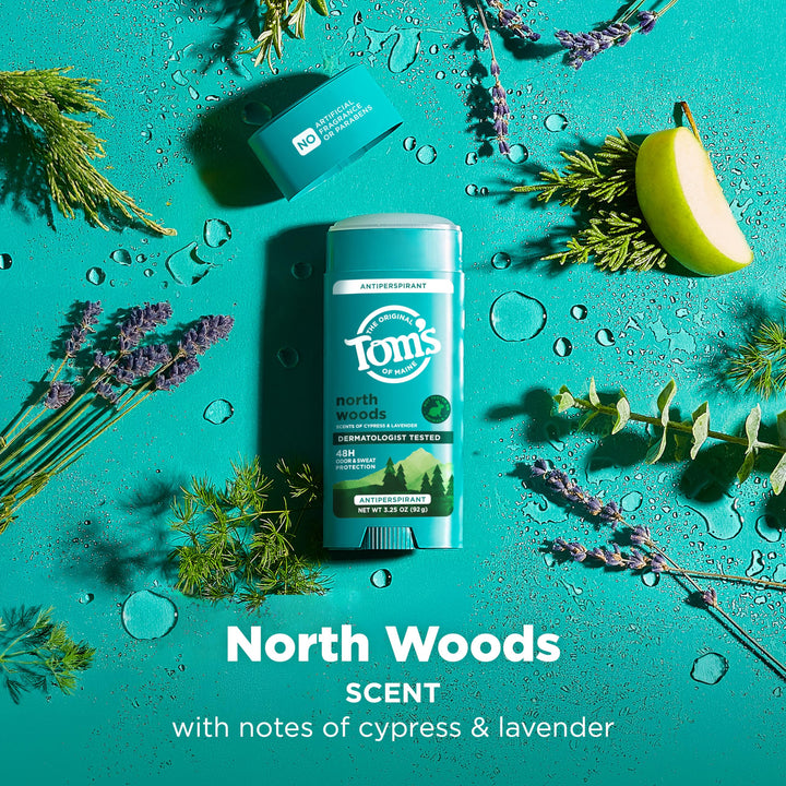 TomÃ¢â‚¬â„¢s of Maine North Woods Antiperspirant for Men and Women, No Artificial Fragrances, Dyes, or Preservatives, Baking Soda Free, 48-Hour Odor and Sweat Protection, 3.25 oz