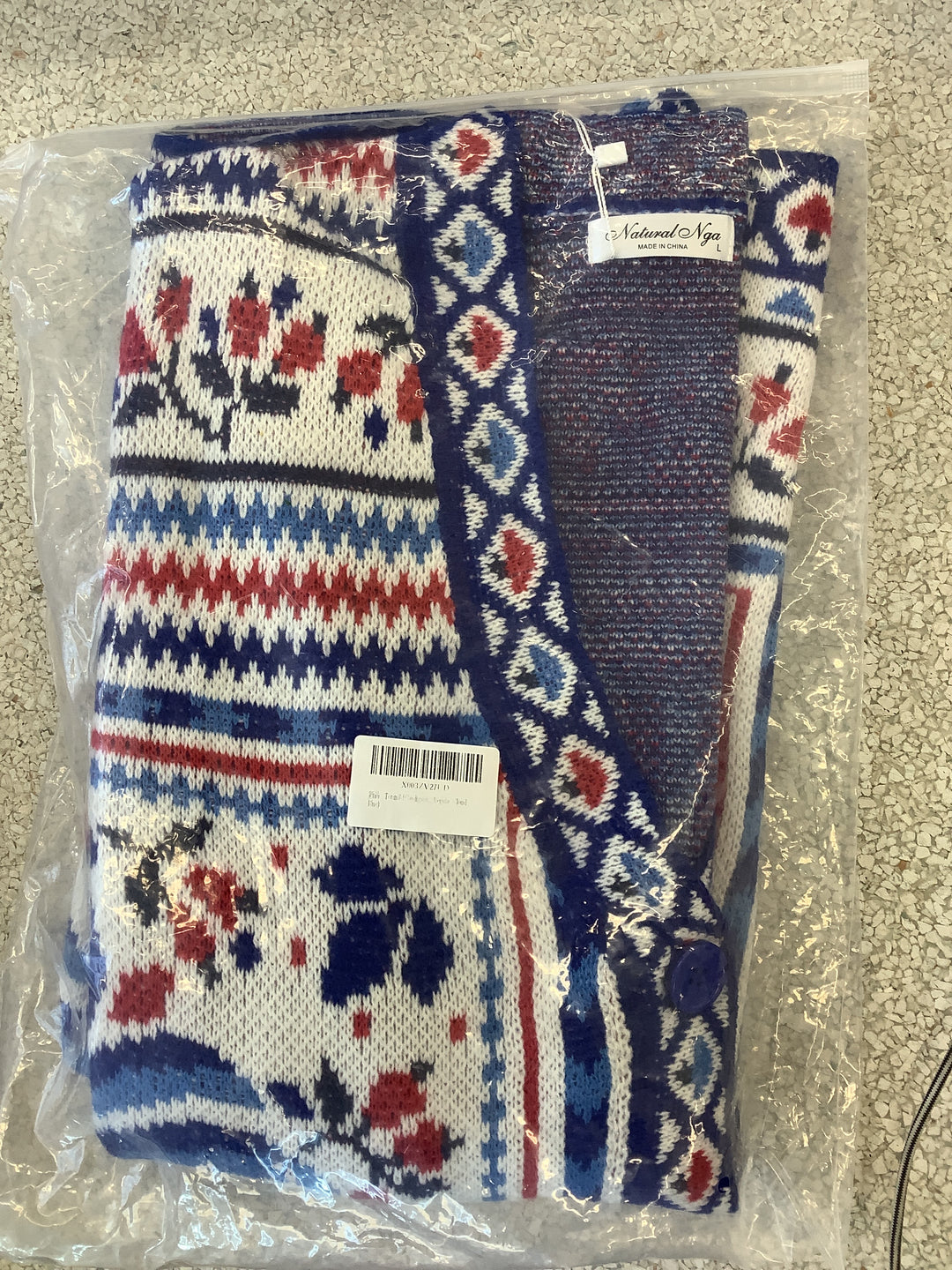 Natural Nga Blue Red Pineapple Intarsia Knit Longline Cardigan Sweater