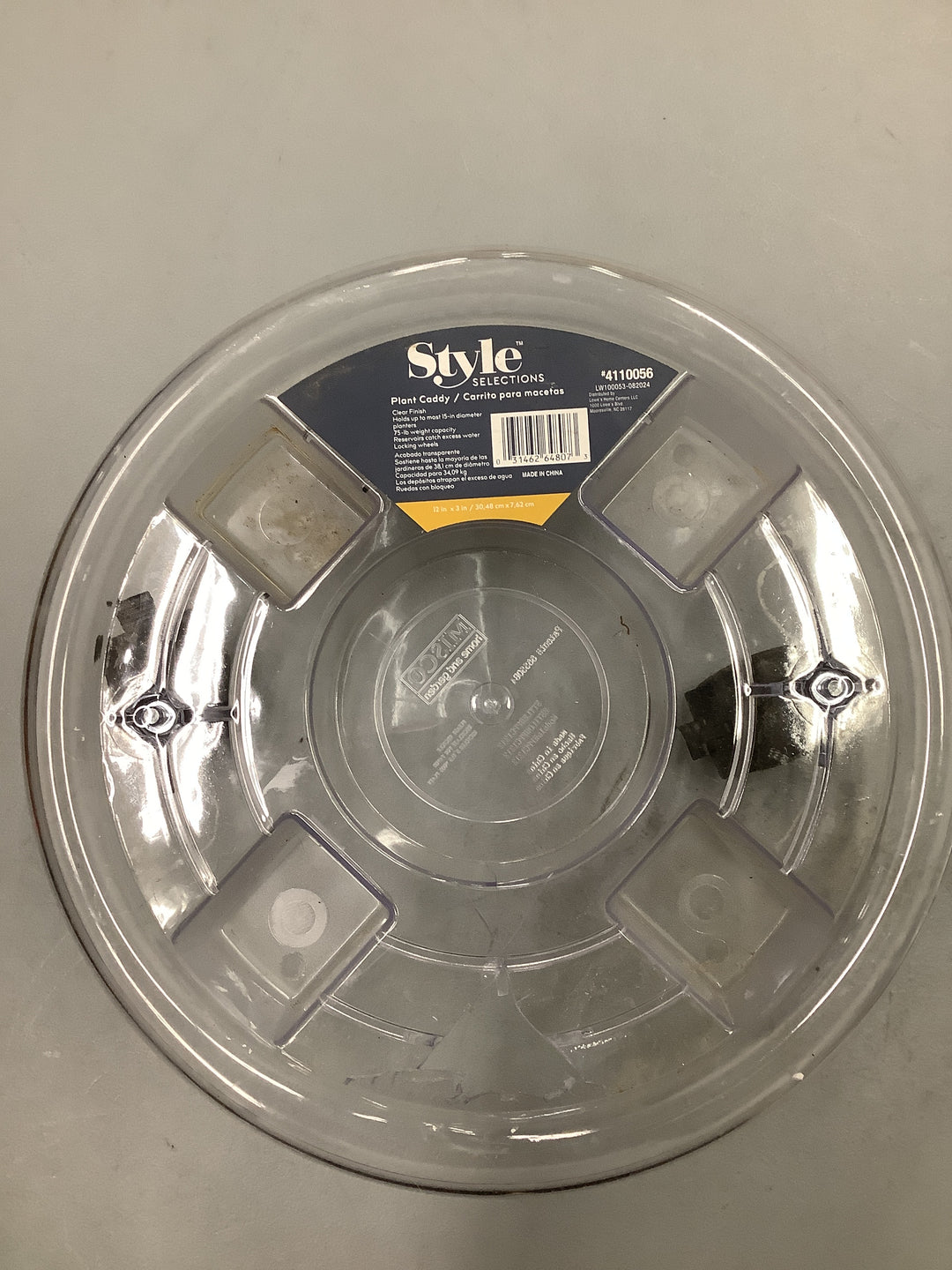12-IN CLEAR PLASTIC PLANT CADDY (DAMAGED)