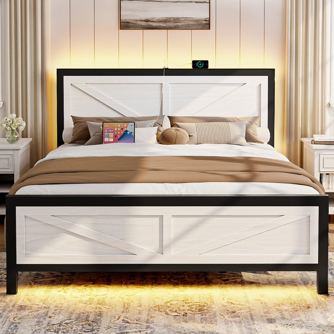Siihnon Rustic Full Size Platform Bed Frame with Barn Door Headboard and LED Lights (White).