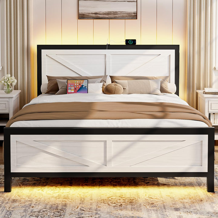 Siihnon Rustic Full Size Platform Bed Frame with Barn Door Headboard and LED Lights (White).