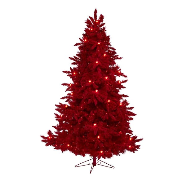 Nearly Natural 7 ft. Red Pre-Lit Flocked Fraser Fir Artificial Christmas Tree