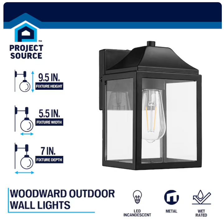 Project Source Woodward 1 -Light 9.5-in H Matte Black Hardwired Outdoor Wall Light