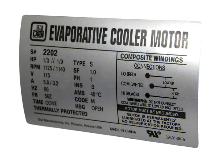 Dial Manufacturing 1/3 HP 115V 2 Speed Evaporative Cooler Motor