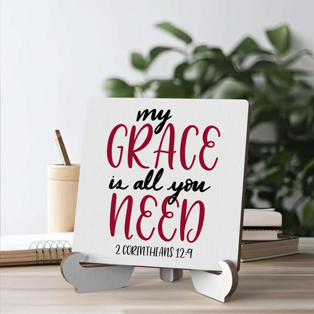 Bible Verse Table Desk Decor Inspirational Rustic Christian Wood Sign Plaque with Wooden Stand, Motivational Religious Positive Vintage Decor for Tabletop Desktop Shelf Shelves Countertop Laundry Room