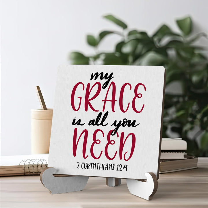 Bible Verse Table Desk Decor Inspirational Rustic Christian Wood Sign Plaque with Wooden Stand, Motivational Religious Positive Vintage Decor for Tabletop Desktop Shelf Shelves Countertop Laundry Room