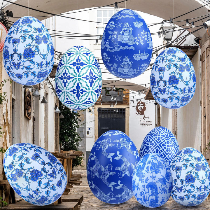 Lunmon 12 Pcs 16'' 24'' Inflatable Easter Eggs Decorations Chinoiserie Easter Inflatables Outdoor Decor Large PVC Blue White Inflatables Easter Eggs Hanging Ornaments for Yard, Lawn, Garden(16", 24")