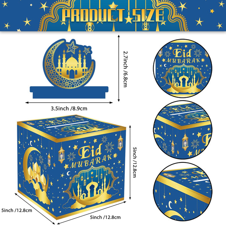 Eid Mubarak Money Box for Cash Gift Pull, Money Gift Boxes for Cash, Money Box for Cash Gift Black & Gold Money Holder for Cash with Pull Out Card DIY Set Surprise Eid Gift Box - Blue Gold