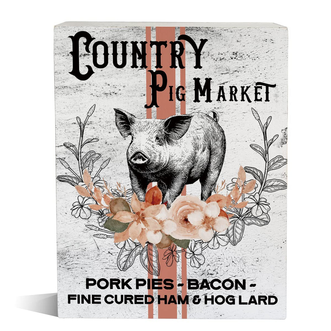 Farmhouse Country Pig Market Wooden Box Sign Pig Wood Block Tabletop Sign Decorative Desk Sign Home Kitchen Shelf Decor 5.8 X 7.8 Inches