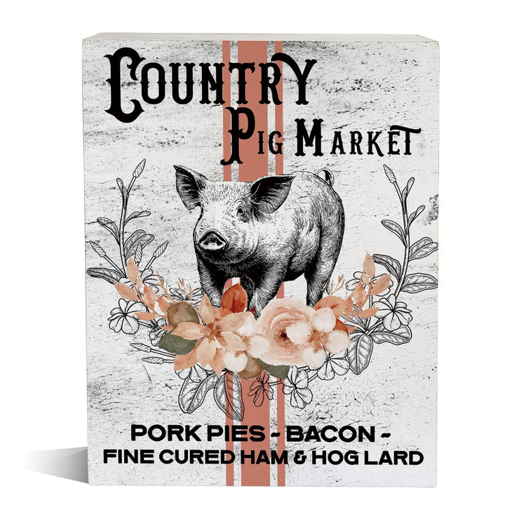 Farmhouse Country Pig Market Wooden Box Sign Pig Wood Block Tabletop Sign Decorative Desk Sign Home Kitchen Shelf Decor 5.8 X 7.8 Inches