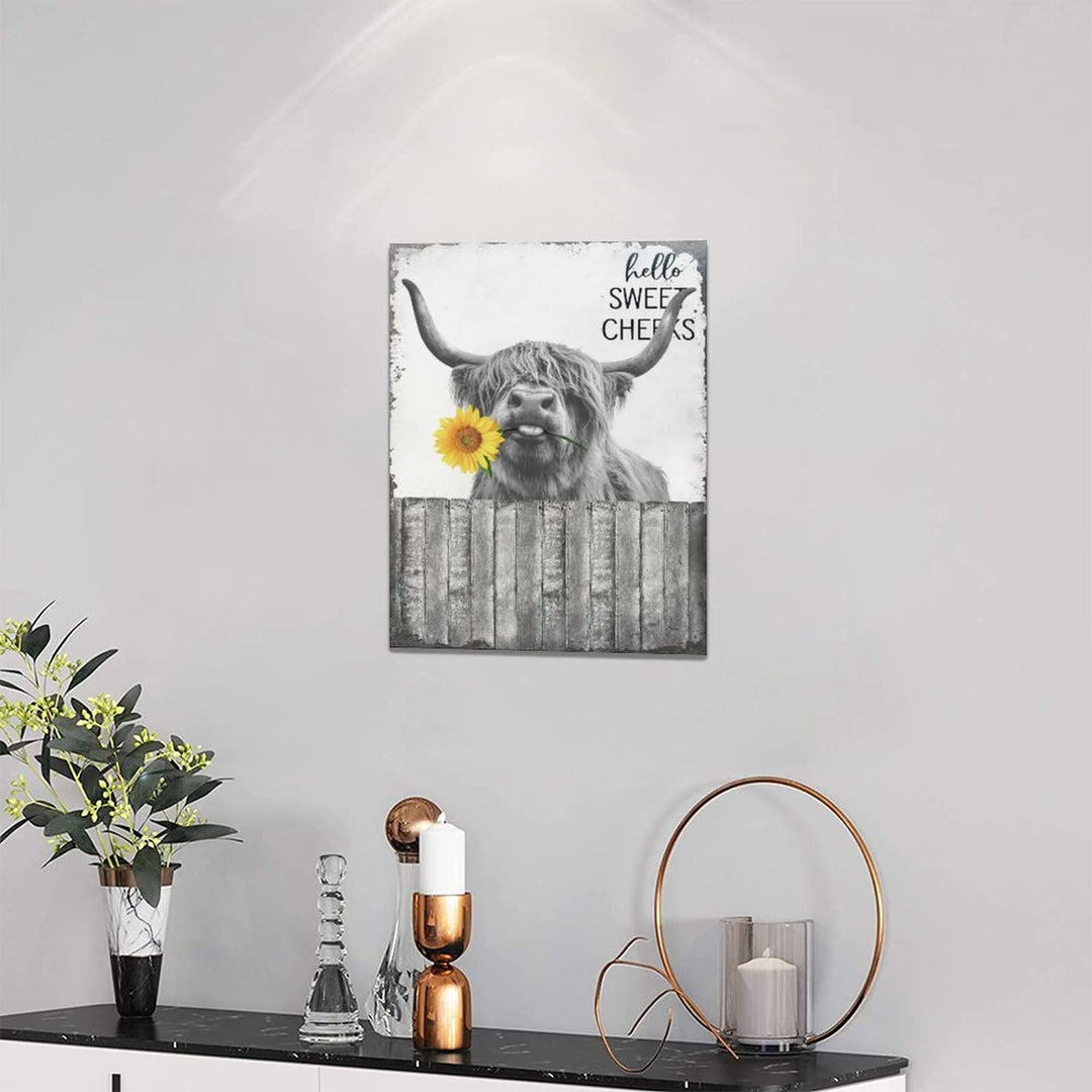 Hello Sweet Cow Bathroom Decor Wall Art Highland Cow Poster Funny Cow Pictures Rustic Farmhouse Cow Canvas Print Black and White Painting Animal Wall DÃƒÂ©cor Framed Artwork 12"x16"