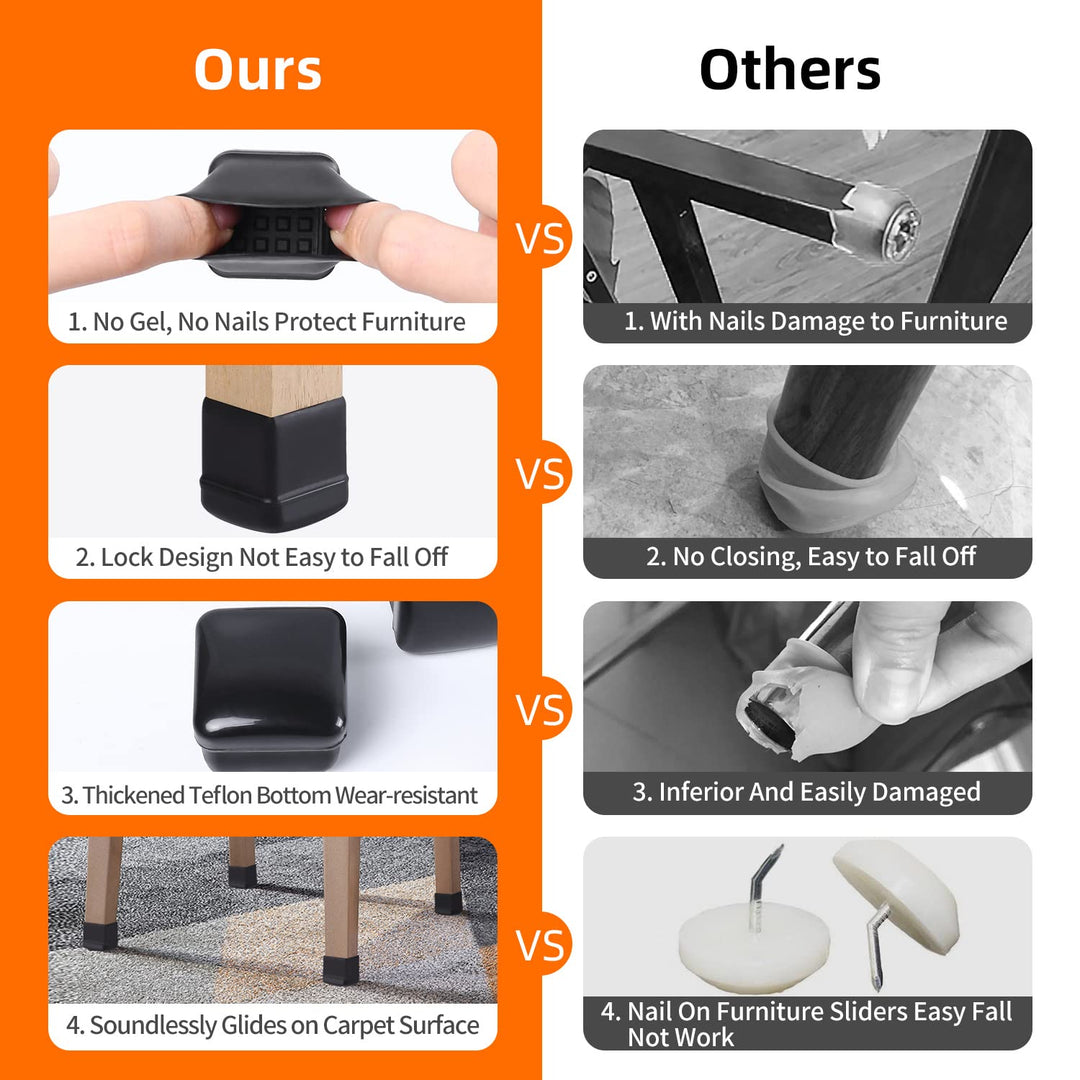 Ezprotekt 24 Pcs Chair Leg Sliders for Carpet, Square Black Chair Glides Teflon Furniture Pads, Bar Stool Leg Protectors Caps for Rug - for Dining Table, Couch, Patio Legs (M Fit: 0.75" - 1")