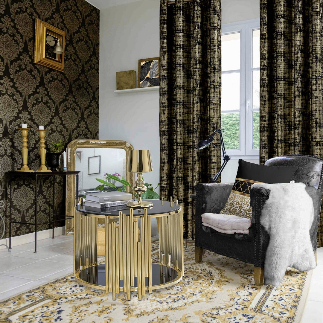 SHINELAND Black Curtains for Living Room 108 Inches Long,Blackout Gold Pattern Velvet Contemporary Elegant Glow in The Dark 9ft Ceiling to Floor Length Curtains