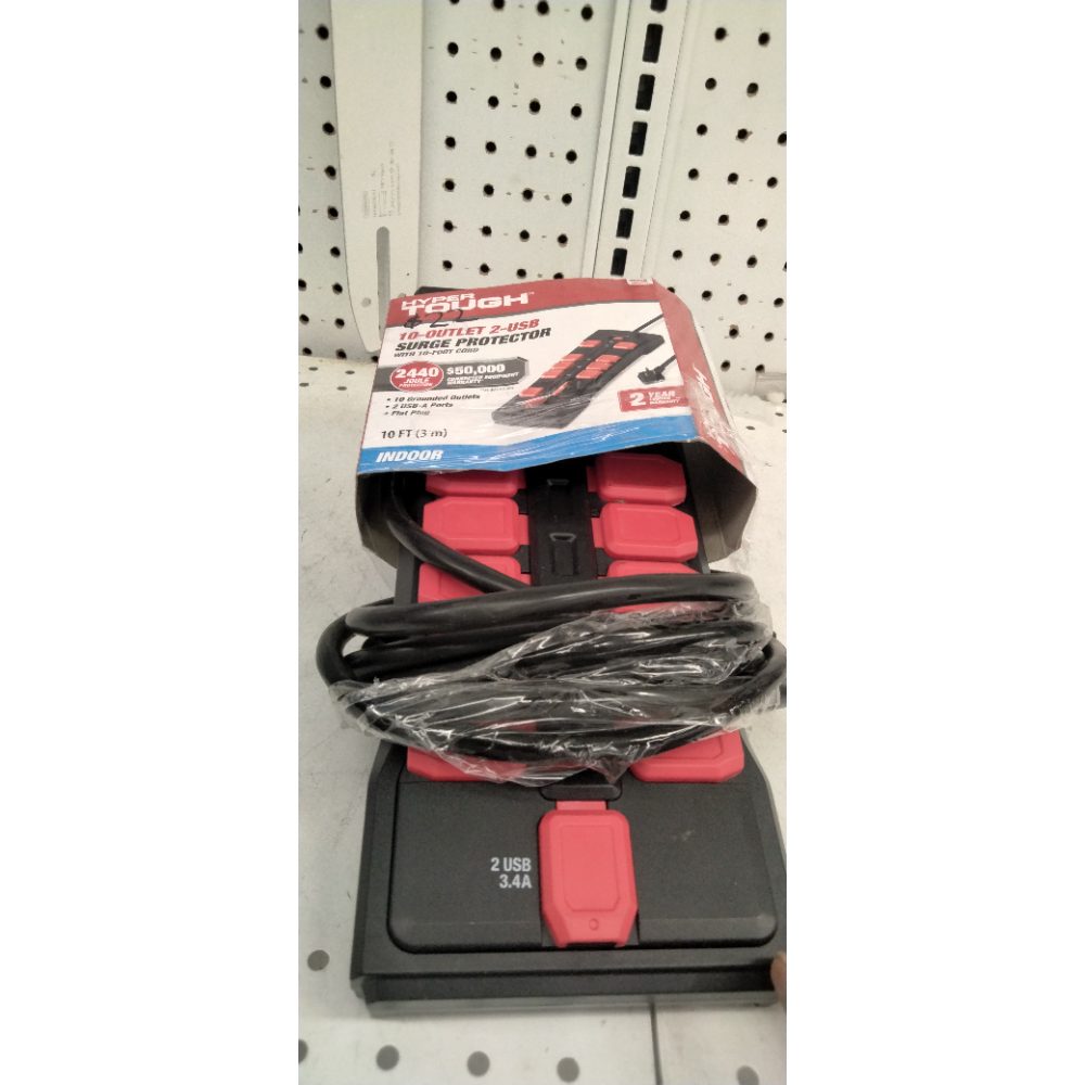 Hyper Tough 10 -Outlet Surge Protector 10 Feet Cord  2 USB-a  2440J   125V 15A  Low Profile Plug