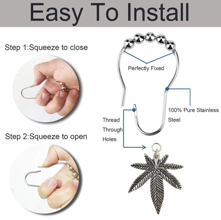 Chenzt Shower Curtain Rings Hooks Decorative Home Bathroom Stainless Steel Rustproof Shower Curtain Hook Ring Set Polished Chrome with Antique Silver Marijuana Weed Cannabis Decorative Pendants 12Pcs
