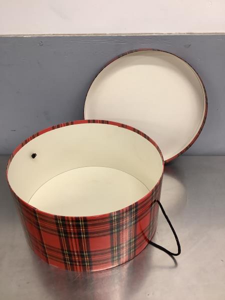 Tartan Round Gift Box with Handle - Red Plaid Retail $14.00