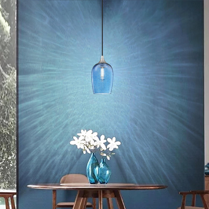3 Pack 1 Light Hanging Indoor Kitchen Island Pendant Lights 5.1" Hand Blown Black Seeded Ancient Blue Glass Ceiling Light Fixtures Brushed Nickel Finish Modern Farmhouse Dinning Over Sink