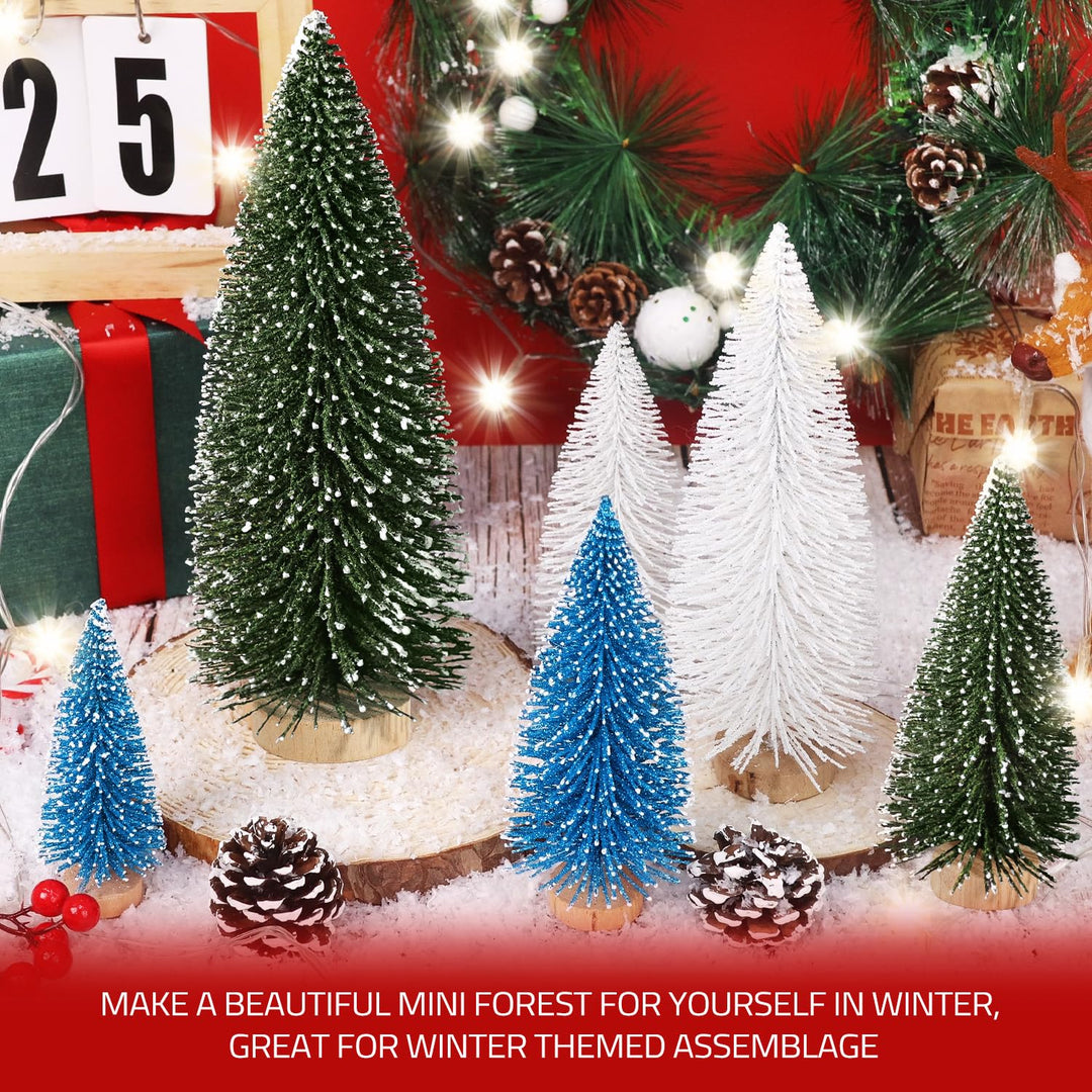 6pcs Mini Christmas Trees Christmas Decor, Artificial Christmas Mini Bottle Brush Trees Tabletop, Christmas Decoration Trees with 4 Size Xmas Holiday Decor (6pcs Green+Blue+White)