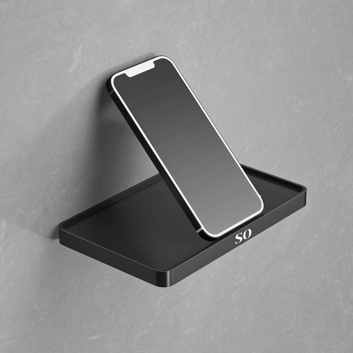 Step One Toilet Paper Holder with Shelf - Modern, Sleek Design - Phone/Accessories Holding Shelf - Matte Black - Adhesive Wall-Mount - Sturdy Easy Fixture, 1 min Installation, No Screws,