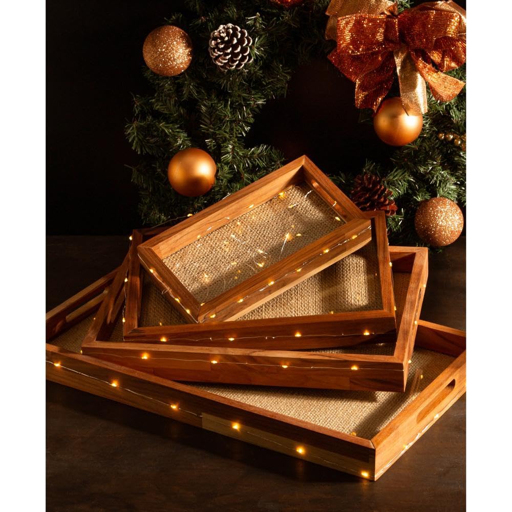 WOODART - Wood and Sisal Rope Decorative Tray - Hosting Adornment, Decorative Dish - Decoration Accessory, Rectangle Brown Wooden Ottoman Tray - Serving Platter, Candle Display - Teak 18x12Ã¢â‚¬Â