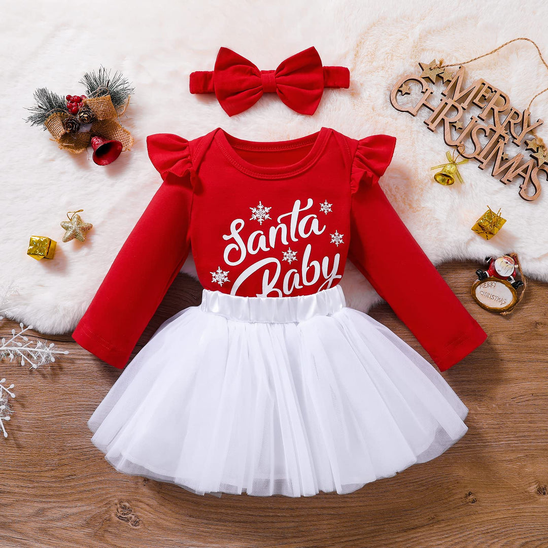 LitBear Baby Girl Christmas Tutu Dress Outfit Long Sleeve Santa Romper Bodysuit Tulle Skirt with Headband Toddler Xmas 3M 6M 12M 18M Clothes Set