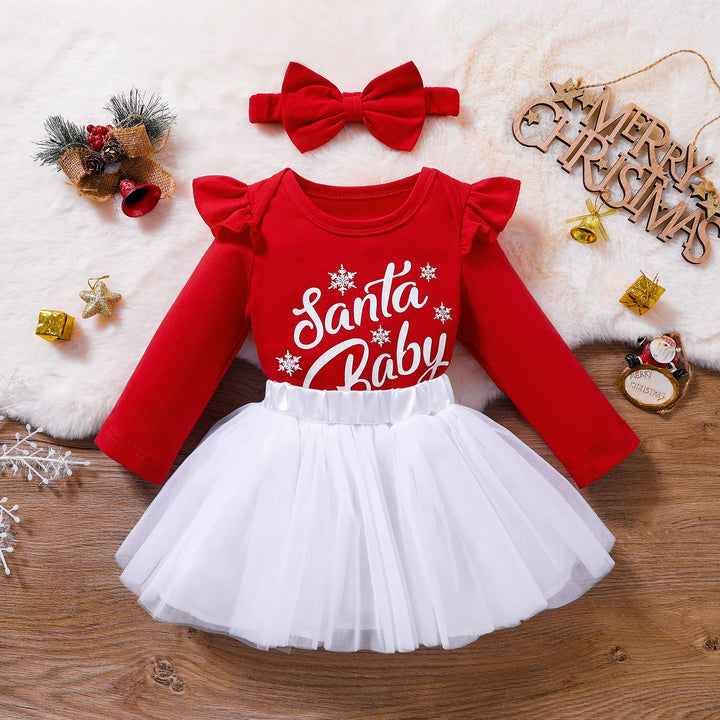 LitBear Baby Girl Christmas Tutu Dress Outfit Long Sleeve Santa Romper Bodysuit Tulle Skirt with Headband Toddler Xmas 3M 6M 12M 18M Clothes Set