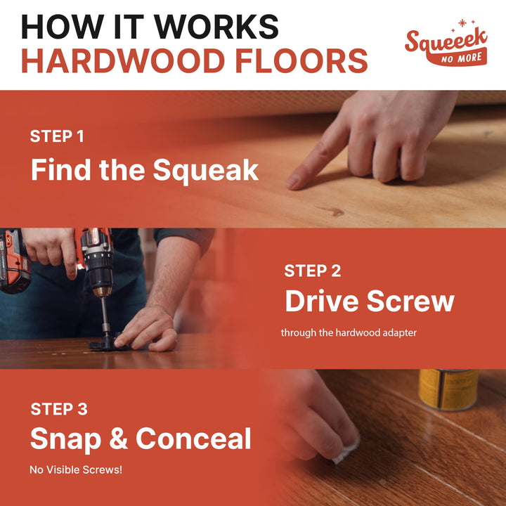 SQUEEEK NO MORE Squeaky Floor Repair Kit for Hardwood, Carpet, Vinyl & Linoleum â€“ Complete Floor Squeak Repair Kit Includes Joist Finder Drill Bits, Tripod Fixture and 50 Counter-snap Screws