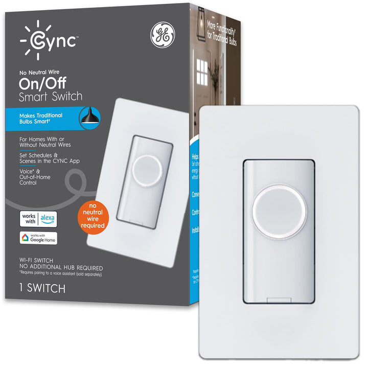 GE CYNC Smart Light Switch On/Off Button Style, No Neutral Wire Required Smart Switch, 2.4 GHz WiFi Works with Amazon Alexa and Google Home, White