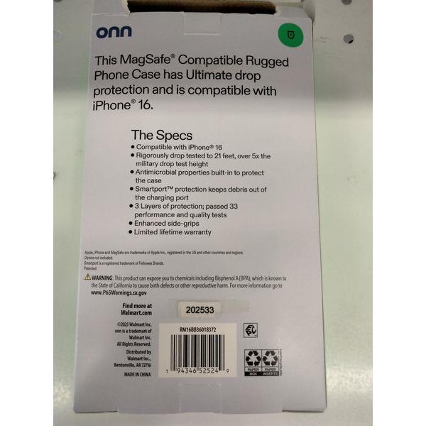 Onn, MagSafe Compatible Rugged Phone Case, iPhone 16, Ultimate Drop Protection, Antimicrobial Retail $21.00