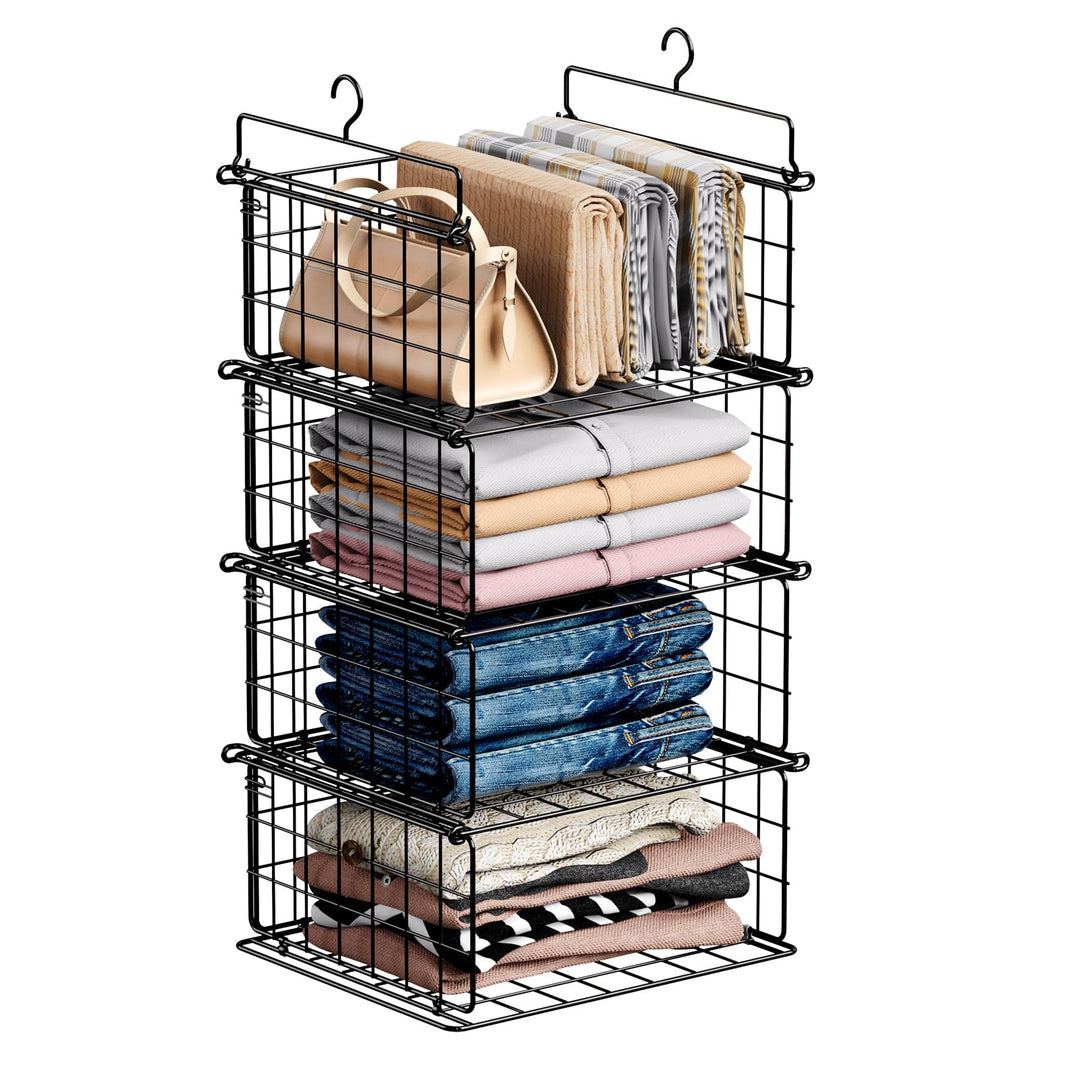 Chemailon 4 Tier Hanging Stackable Closet Organizer Wire Storage Bin Basket Drawers Shelves for Clothes Sweaters Handbags Clutches Black