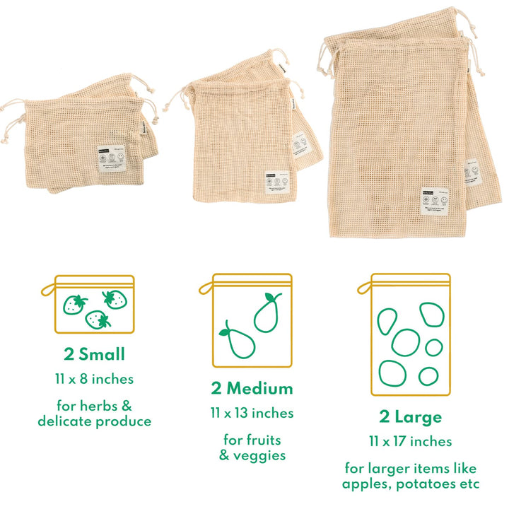 Betterblue 100% Organic Cotton Produce Bags, Reusable & Eco Friendly, Set of 6